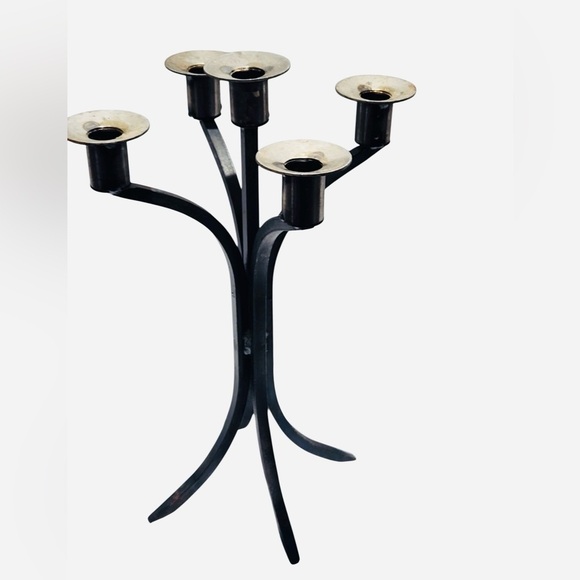 Vintage Art Deco Iron Triple Taper Candle Holder Great Patina Candelabra - Picture 3 of 6